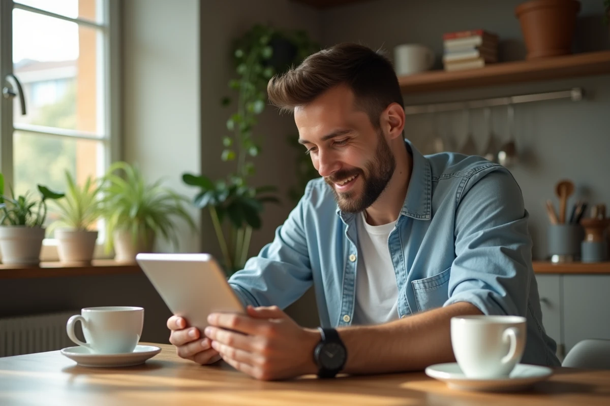 Jeune homme utilisant une tablette dans une cuisine chaleureuse