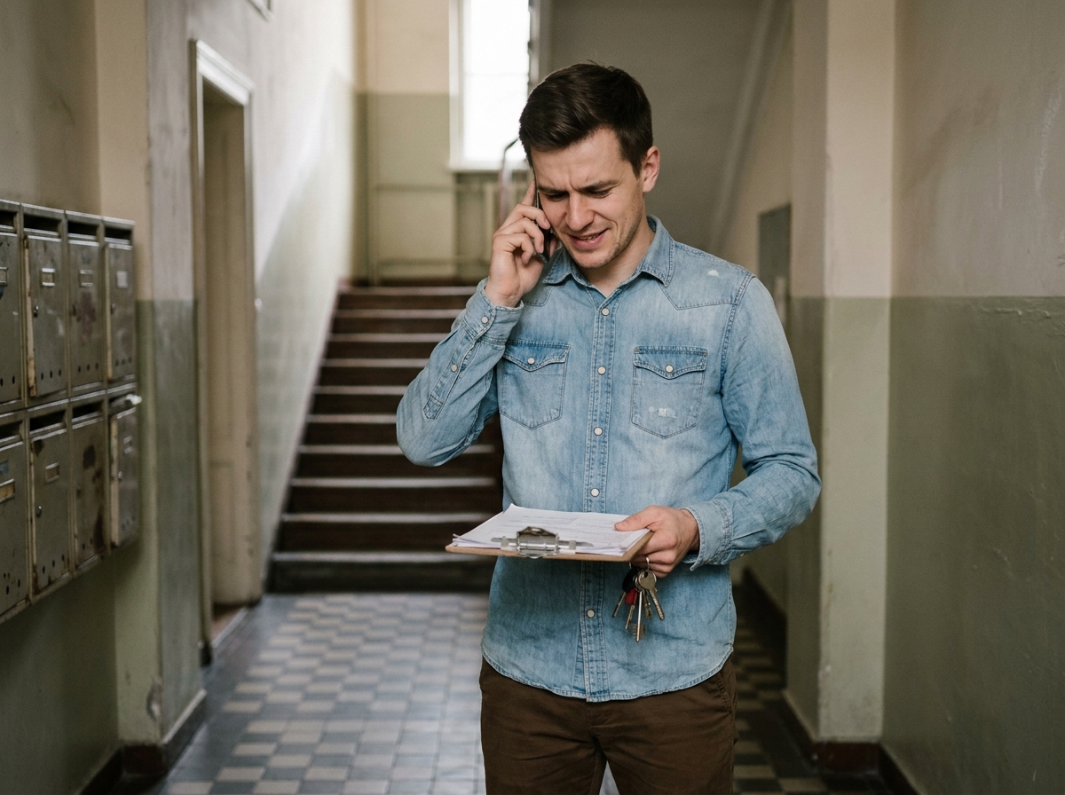 Jeune homme au téléphone dans le couloir d'un immeuble tenant des clés et un clipboard lors de la recherche d'un appartement