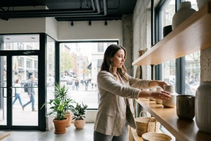 Jeune fondatrice de marque arrangeant des produits dans son espace commercial en rez-de-chaussée avec vitrine sur rue
