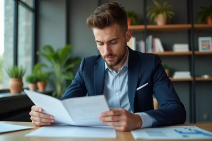 Jeune homme en costume bleu examine un prospectus en bureau