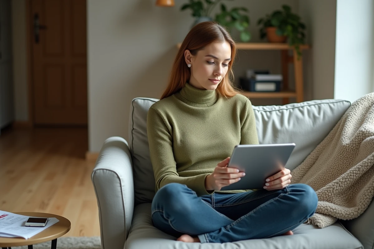 Jeune femme propriétaire naviguant sur son espace propriétaire via une tablette depuis son salon, consultant les rubriques loyers et documents
