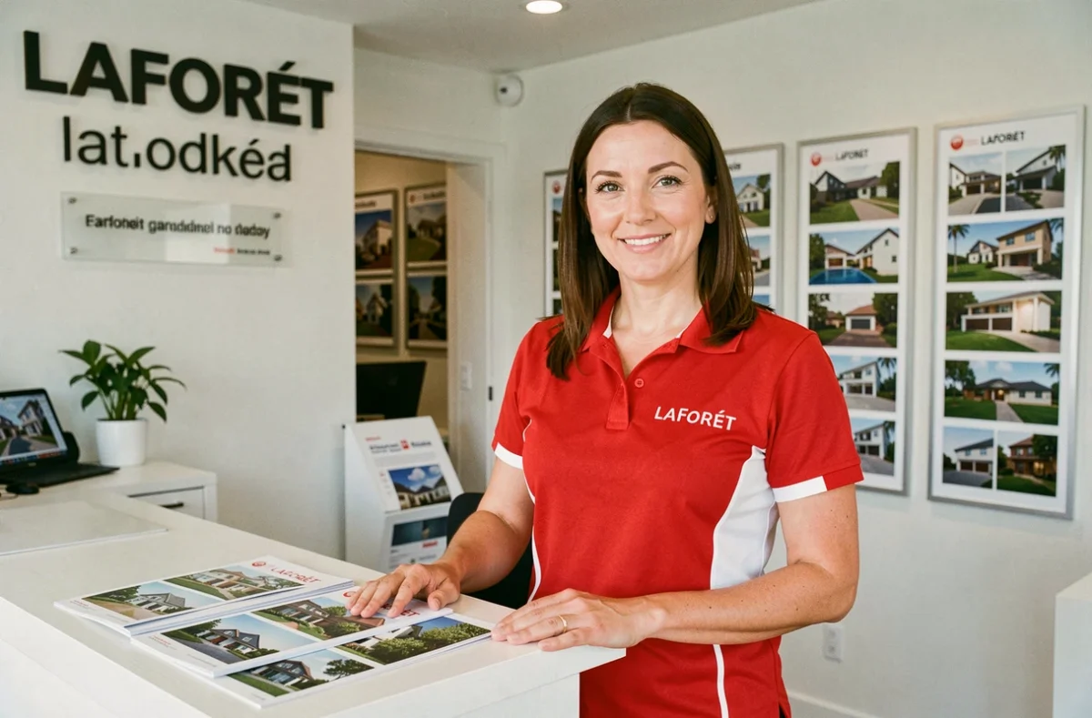 Agente immobilière Laforêt accueillant des clients dans une agence du Finistère