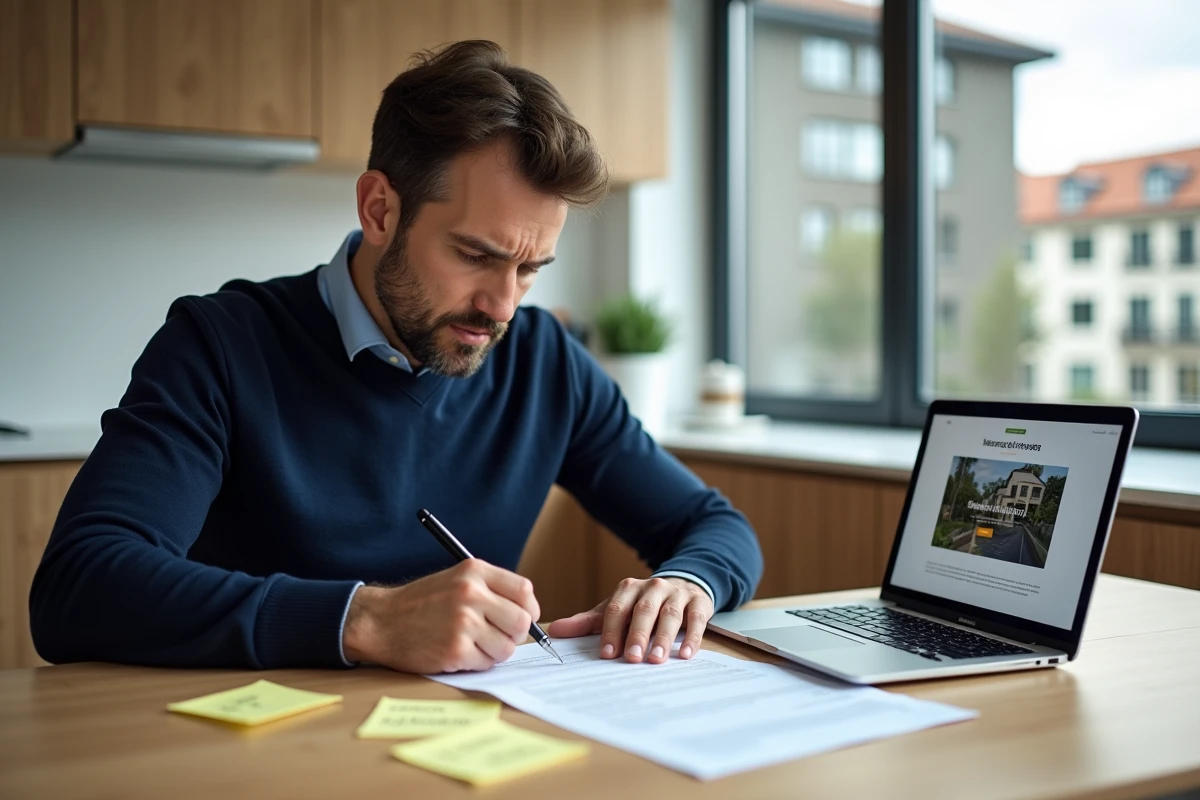 Homme lisant attentivement un contrat de r&eacute;servation VEFA &agrave; domicile avec un ordinateur et des notes manuscrites sur la table