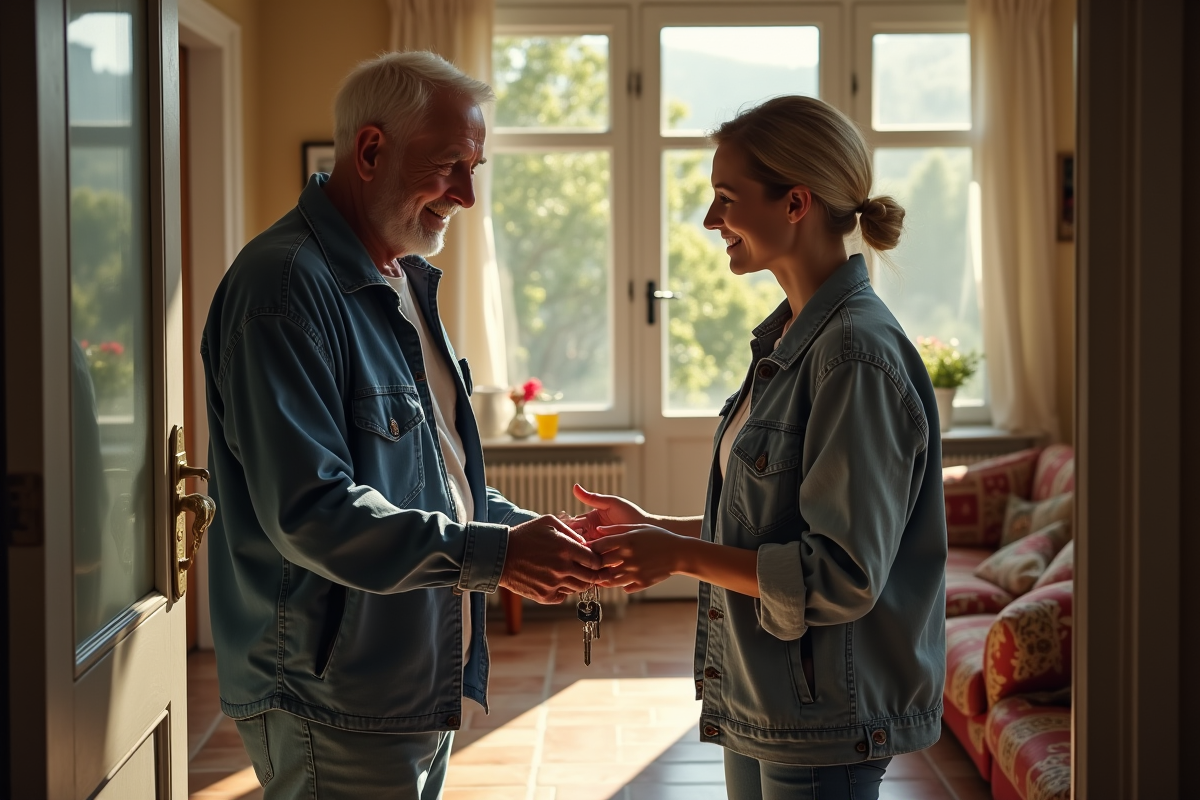 Homme âgé remettant des clés à une jeune femme dans un appartement