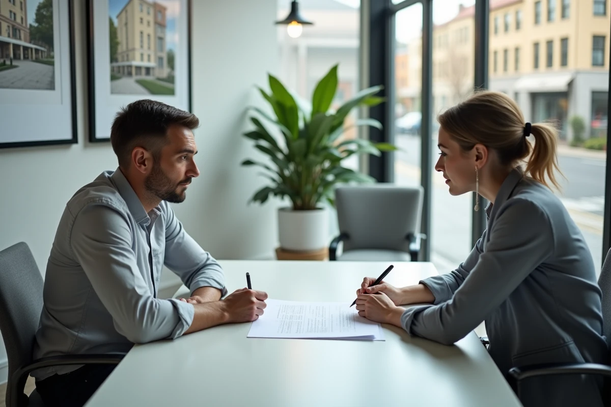 Locataire et agent immobilier examinant ensemble les mentions obligatoires d'un contrat Visale dans une agence