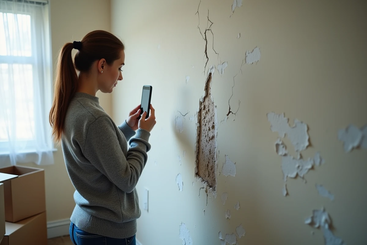 Locataire photographiant des dégâts des eaux sur un mur lors d'un état des lieux de sortie