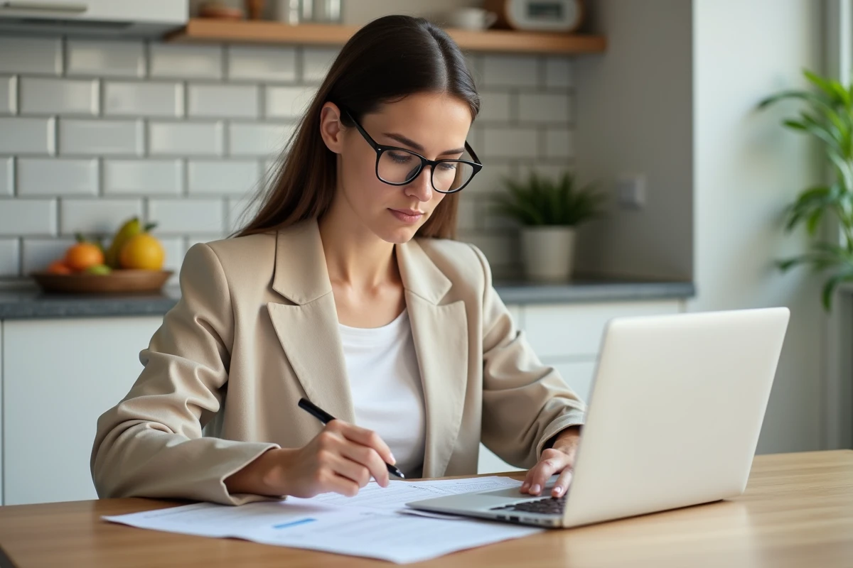 Femme locataire lisant attentivement un contrat de caution bancaire pour un loyer à son domicile