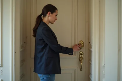 Femme frustrée devant la porte de son appartement dont la serrure a été changée par le propriétaire