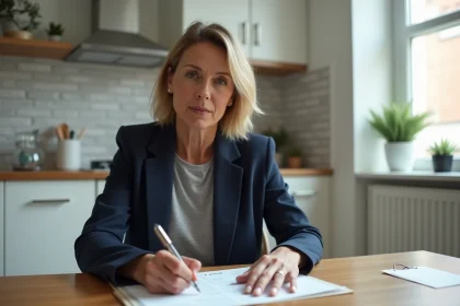 Locataire signant un accord écrit à la table de sa cuisine pendant la période de préavis de location