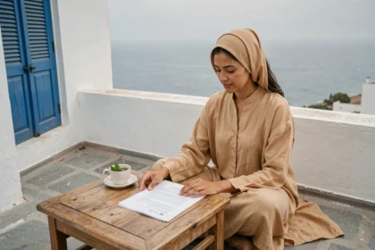 Femme marocaine consultant des documents de location longue durée sur une terrasse à Essaouira avec vue sur l'océan