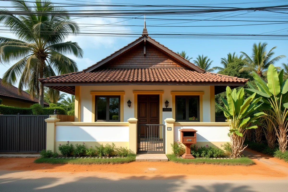Petite maison thaïlandaise abordable avec façade en bois et béton entourée de palmiers dans un village rural de la région Isan
