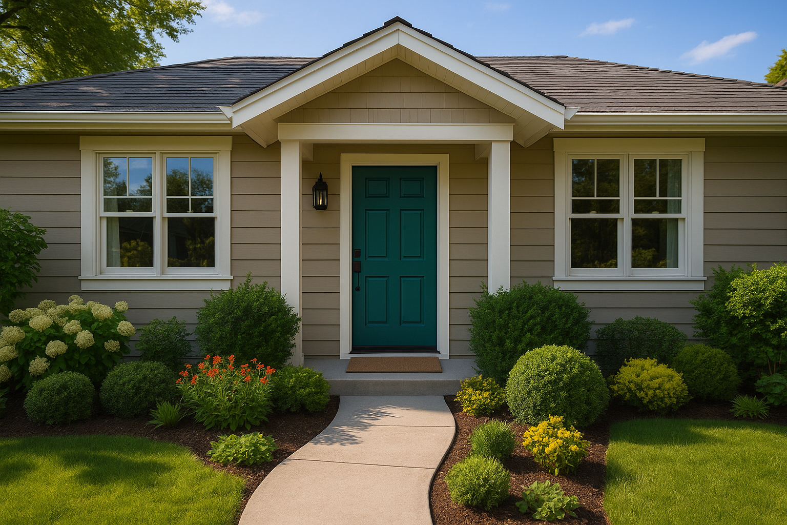Façade de maison avec porte fraîchement peinte et jardin