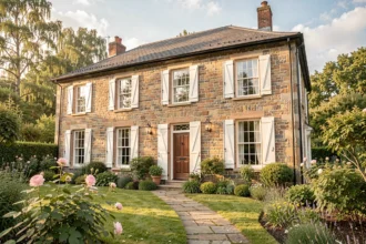 Maison familiale en pierre avec volets, vue depuis le jardin