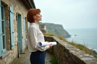 Femme examinant une maison normande à colombages en bord de mer, tenant des plans architecturaux sur une terrasse en pierre avec vue sur la Manche