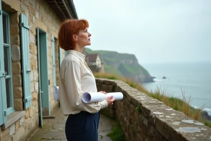 Femme examinant une maison normande à colombages en bord de mer, tenant des plans architecturaux sur une terrasse en pierre avec vue sur la Manche