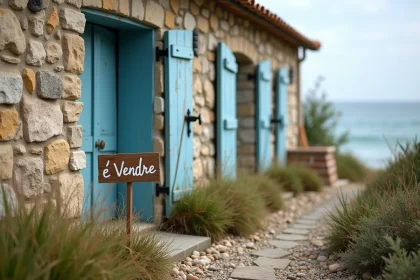 Maison de pêcheur en pierre à vendre en bord de mer avec panneau À Vendre dans le jardin