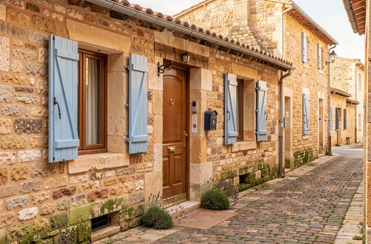 Façade d'une maison en pierre typique de Narbonne avec volets bleus et tuiles romaines