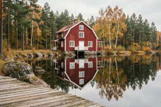 Maison suédoise traditionnelle en bois rouge au bord d'un lac avec reflet dans l'eau calme entourée de forêt de pins et de bouleaux en automne