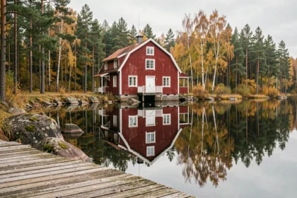 Maison suédoise traditionnelle en bois rouge au bord d'un lac avec reflet dans l'eau calme entourée de forêt de pins et de bouleaux en automne