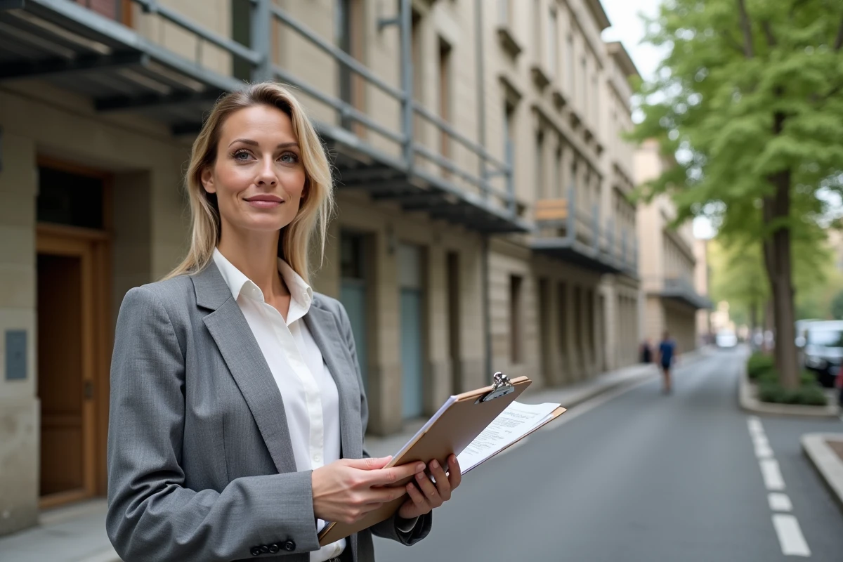 Marchande de biens évaluant les frais de notaire devant un immeuble en rénovation