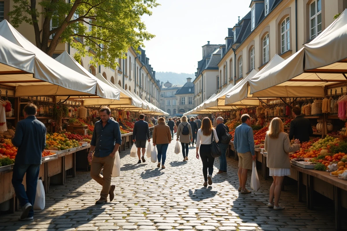 Marché local animé sur une place de Conflans-Sainte-Honorine illustrant la dynamique des quartiers en évolution