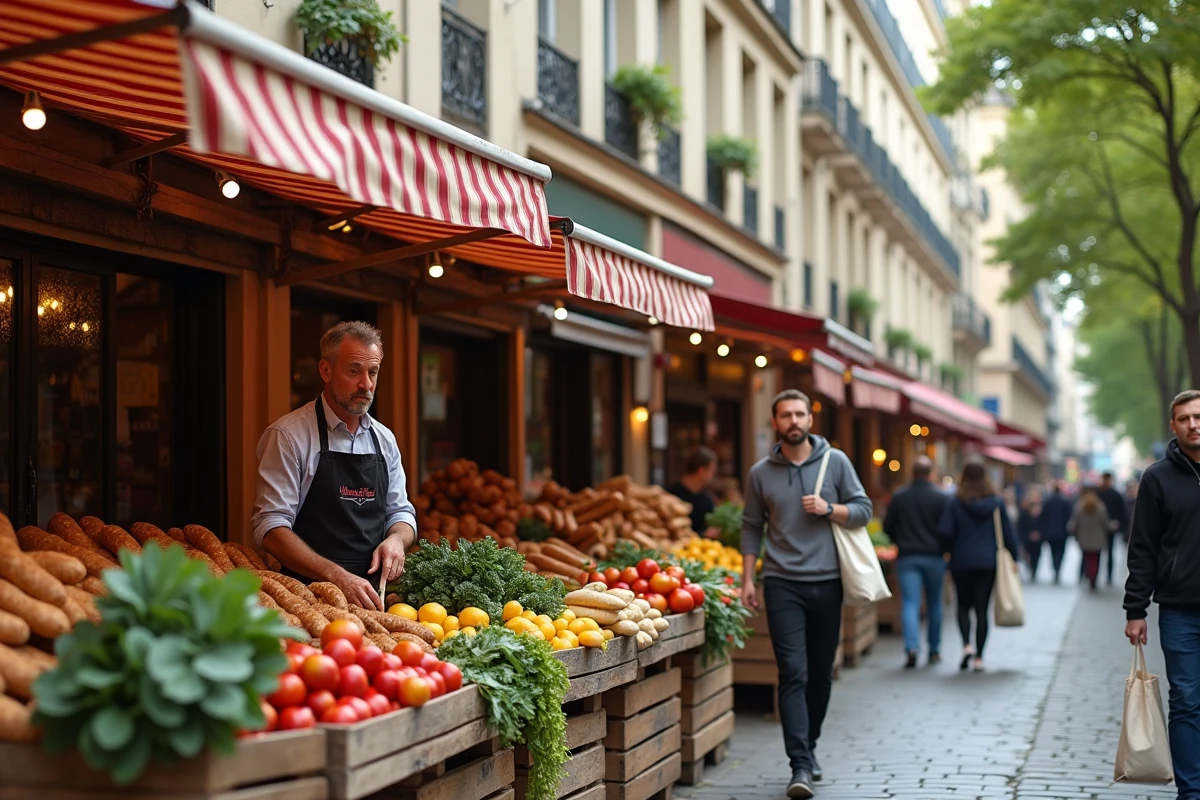 Marché de quartier animé près du parc des Buttes-Chaumont à proximité de la rue Manin Paris 19e