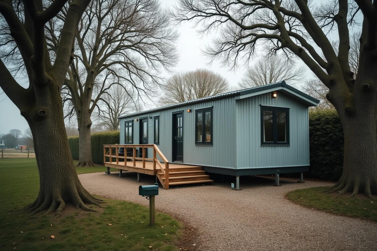 Mobile home avec terrasse en bois installé sur un terrain non constructible boisé en zone rurale