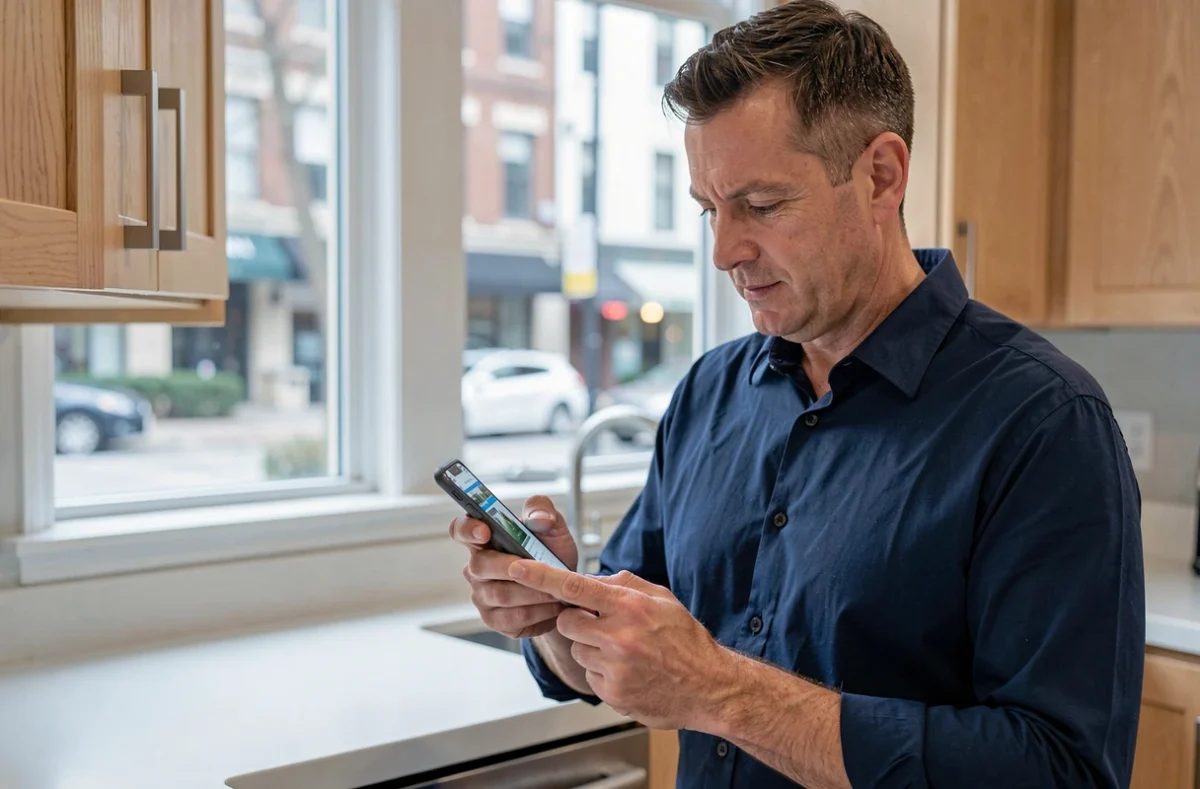 Homme consultant l'application MyFoncia sur smartphone pour régler son loyer depuis sa cuisine