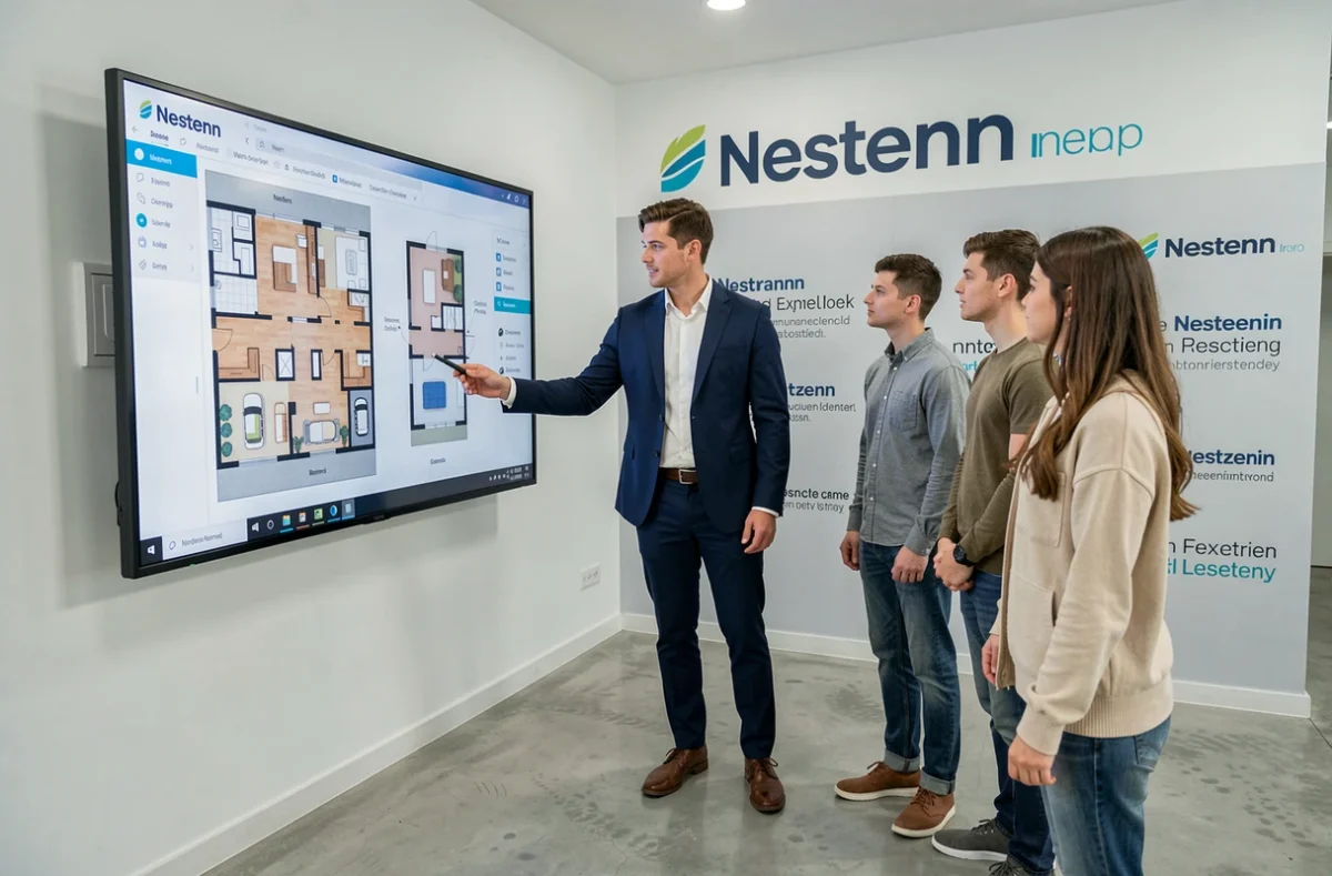 Agent Nestenn présentant un plan de logement numérique à une famille dans une agence du Finistère