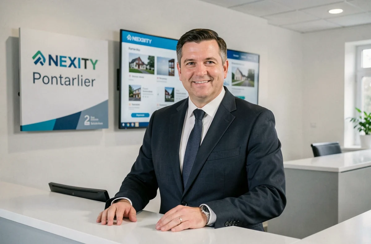 Gestionnaire de copropriété Nexity Lamy à Pontarlier dans un bureau d'agence moderne avec affichage numérique