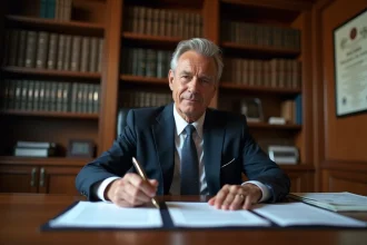 Notaire masculin en costume marine assis à son bureau en bois, révisant un contrat immobilier avec un stylo plume dans les mains