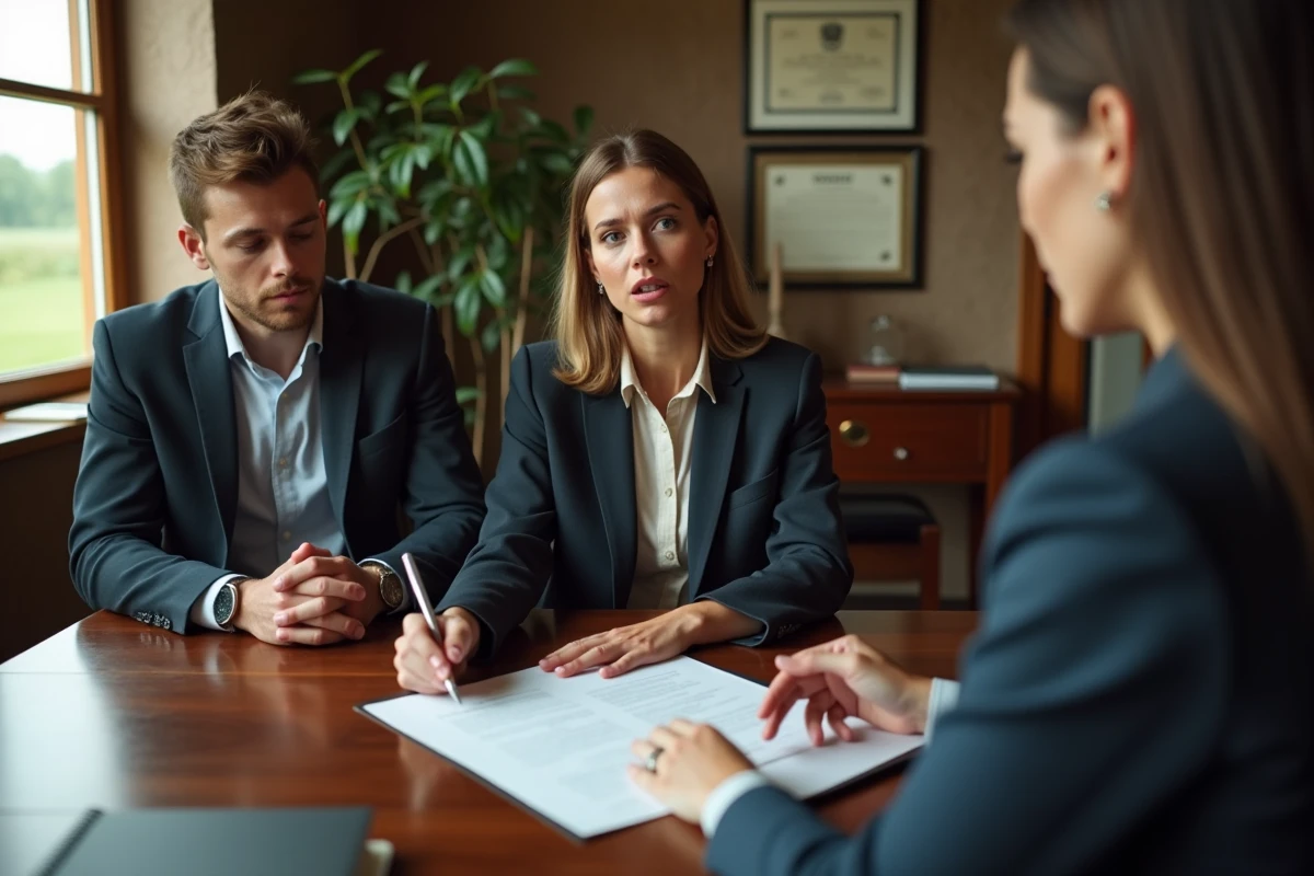 Notaire expliquant un contrat à un couple rural