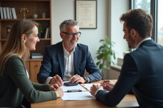 Notaire expliquant des papiers à un jeune couple dans un bureau