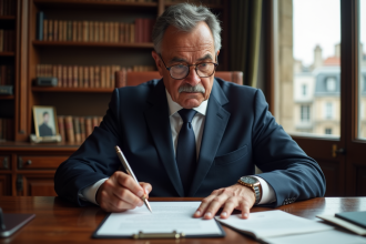 Notaire français en costume examinant des documents officiels