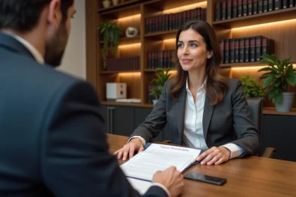 Femme d'affaires en r&eacute;union avec un notaire dans un bureau moderne