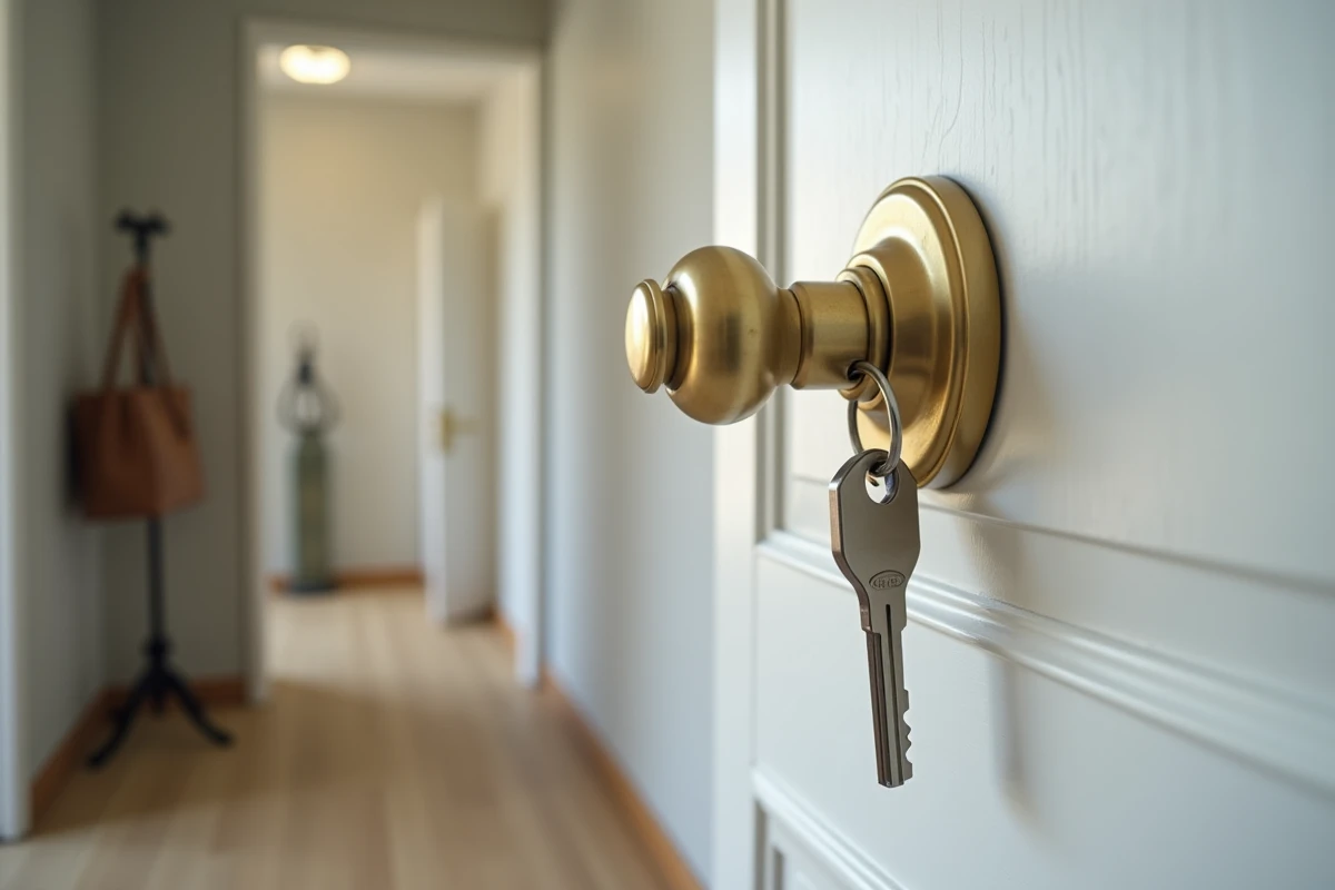 Gros plan sur une nouvelle serrure installée par un bailleur sur la porte d'un logement loué