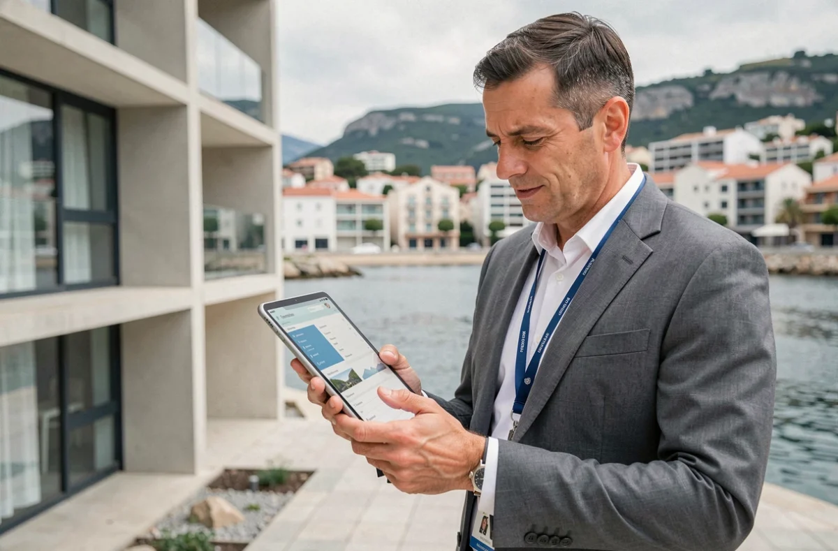 Gestionnaire de l'Office De Gestion Immobilière devant une copropriété à Hendaye