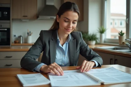 Femme organisant des documents de location dans un appartement