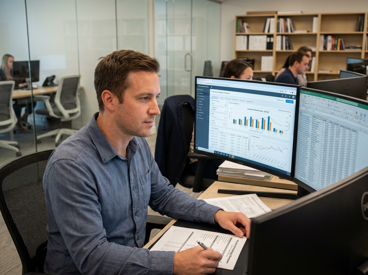 Analyste immobilier utilisant un logiciel d'évaluation et des outils de comparaison de marché sur un double écran