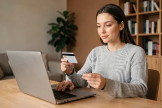Femme payant son loyer en ligne sur son ordinateur portable avec sa carte bancaire depuis son appartement