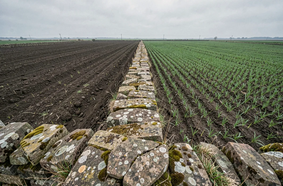 Deux parcelles agricoles séparées par un muret en pierre illustrant la comparaison de superficie entre acre et hectare