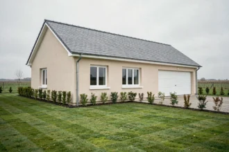 Pavillon neuf de style normand avec toiture ardoise et façade enduite beige, vue extérieure sur jardin aménagé en Normandie