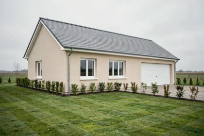 Pavillon neuf de style normand avec toiture ardoise et façade enduite beige, vue extérieure sur jardin aménagé en Normandie