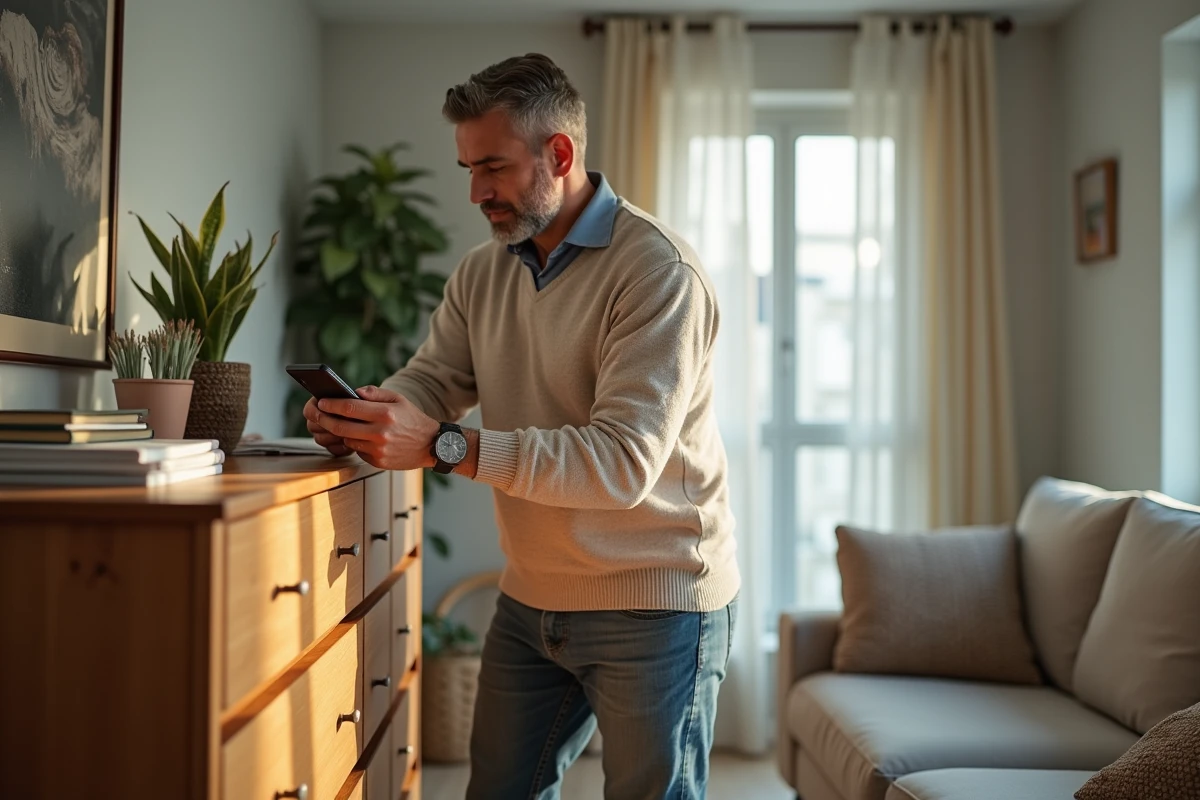 Homme prenant en photo des &eacute;raflures sur une commode en location