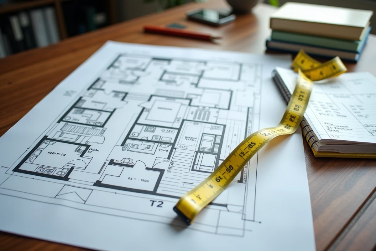 Plan d'un appartement T2 avec m&egrave;tre ruban et calculs de superficie pour v&eacute;rifier la conformit&eacute; aux normes de d&eacute;cence