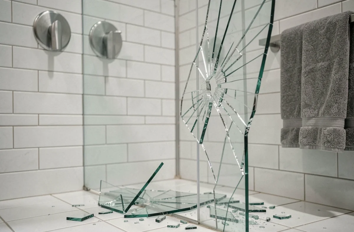 Porte de douche brisée en éclats dans une salle de bain moderne, exemple de sinistre couvert par la garantie bris de glace