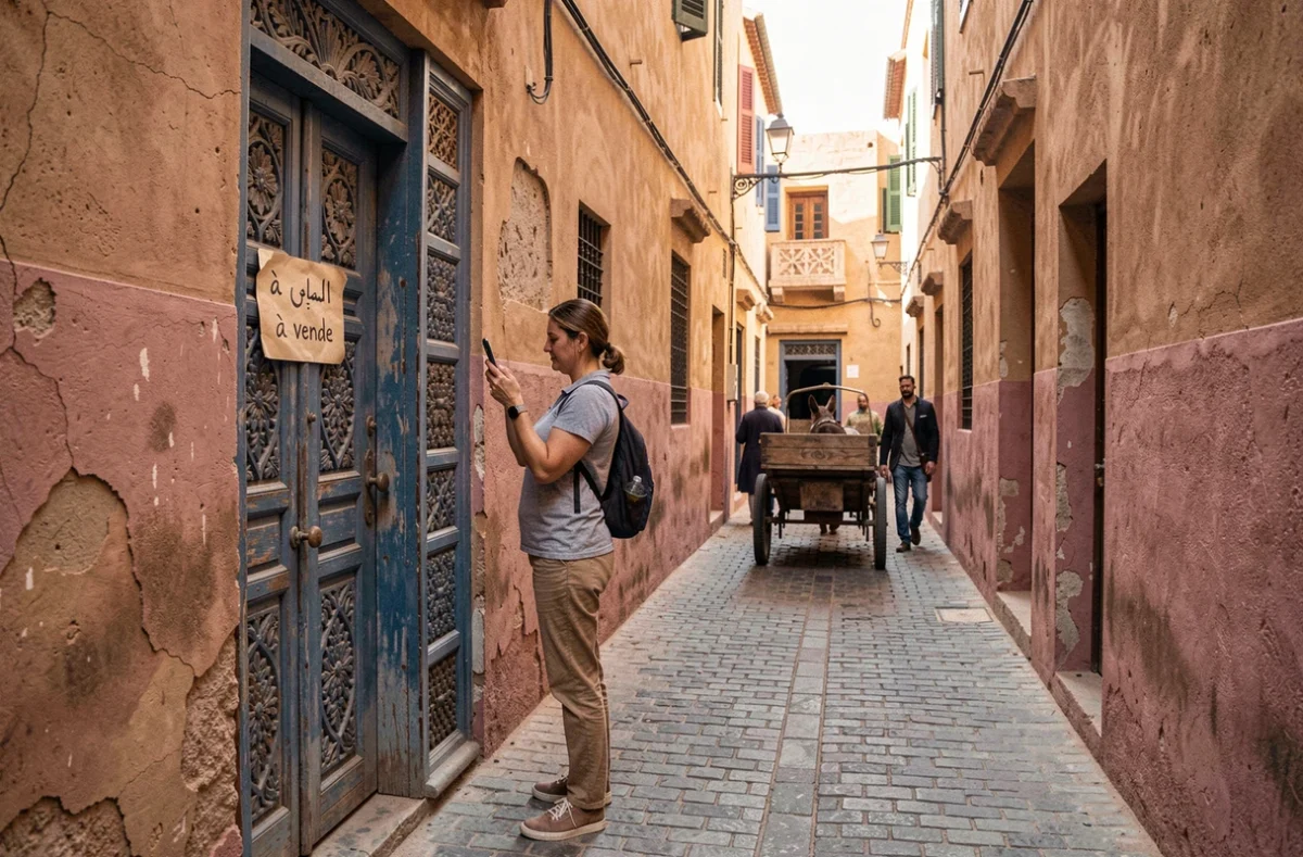 Porte en cèdre sculpté d'un riad à vendre dans une ruelle de la médina de Marrakech avec panneau de vente immobilière