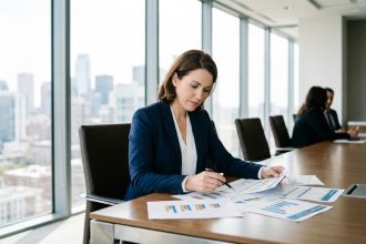 Professionnelle en blazer navy analysant des documents financiers liés aux SCPI dans un bureau moderne avec vue sur la ville