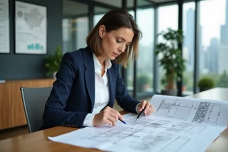 Professionnelle de l'immobilier étudiant des plans architecturaux dans un bureau moderne avec certifications RSE affichées au mur