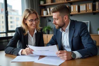 Femme et homme en réunion d'affaires avec document occupation